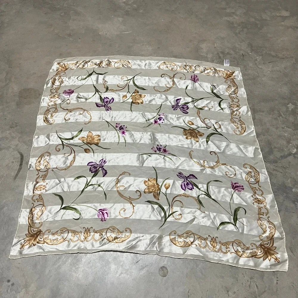 The Specialty House Silk Scarf Square Floral Iris Striped Gold Purple Cream 32in